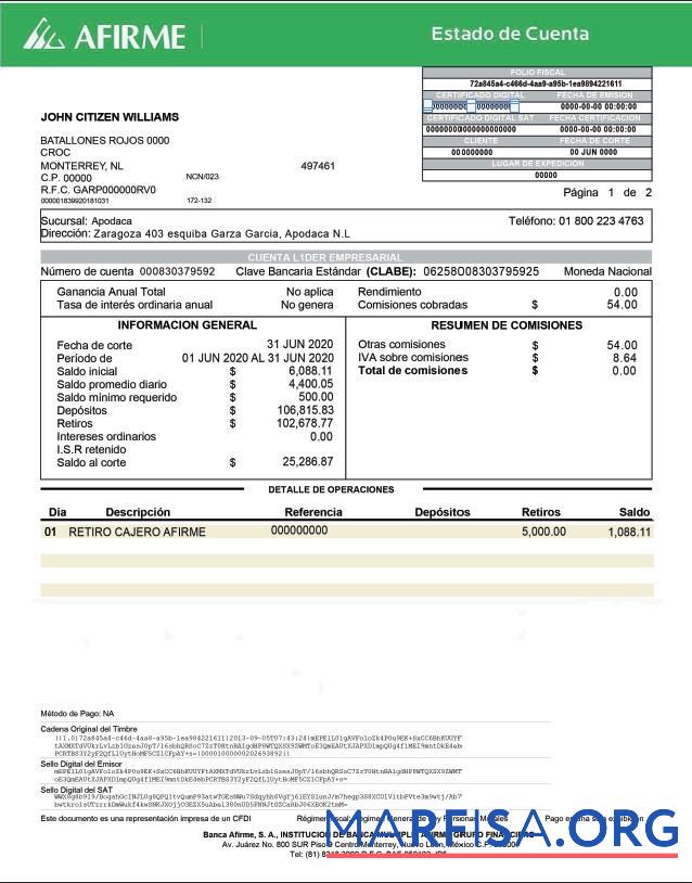 Blank Mexico Afirme bank account statement word real example